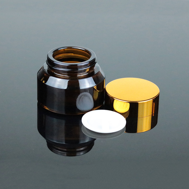 Luxury 30 ml 1oz Amber Round Container Packaging Cream Empty Cosmetic Glass Jar With Gold Lid (GJM46)