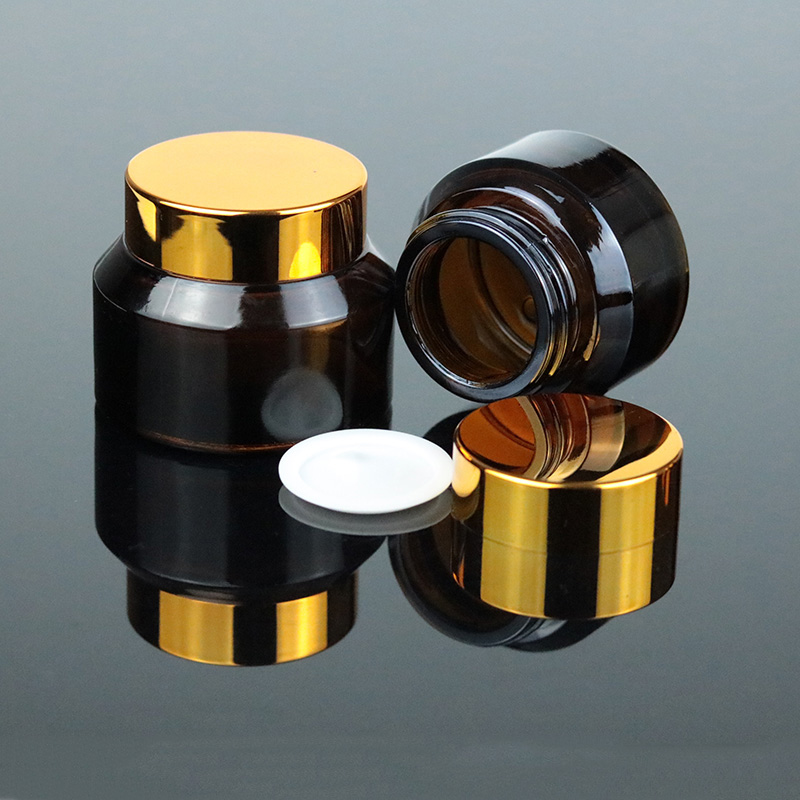 Luxury 30 ml 1oz Amber Round Container Packaging Cream Empty Cosmetic Glass Jar With Gold Lid (GJM46)