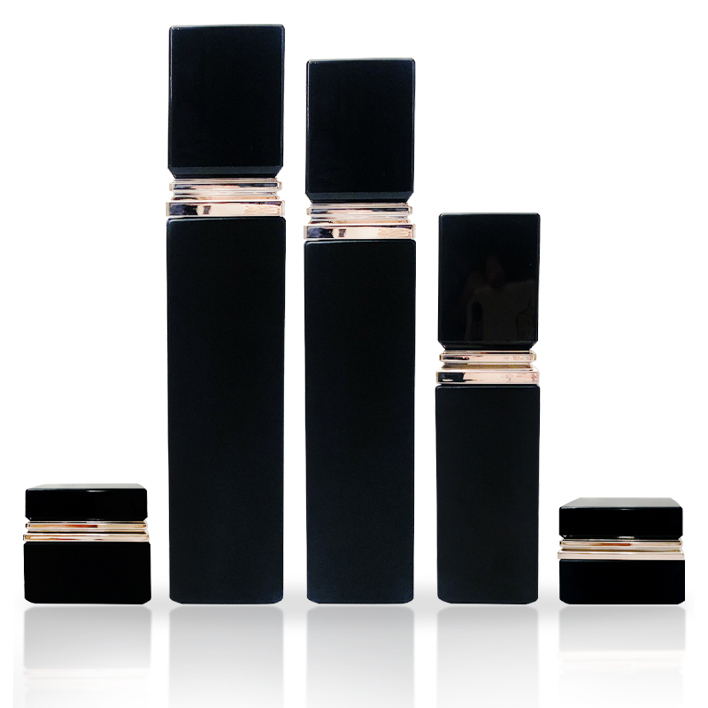 Luxury 30g 50g 40ml 100ml 120ml empty square matt black cosmetic face lotion cream glass bottle jar spray pump package set
