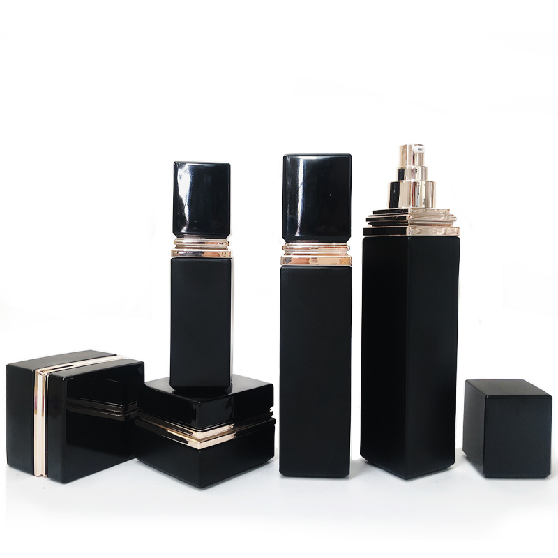Luxury 30g 50g 40ml 100ml 120ml empty square matt black cosmetic face lotion cream glass bottle jar spray pump package set