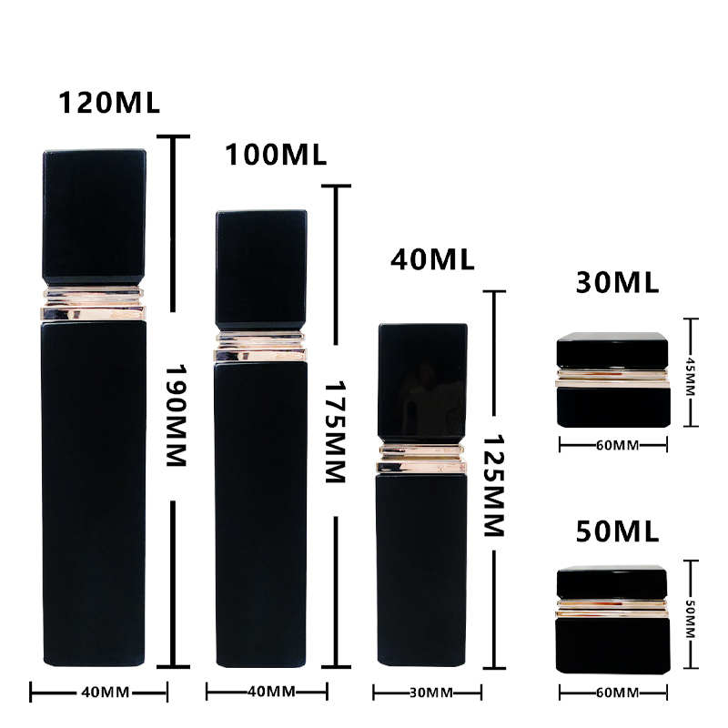 Luxury 30g 50g 40ml 100ml 120ml empty square matt black cosmetic face lotion cream glass bottle jar spray pump package set