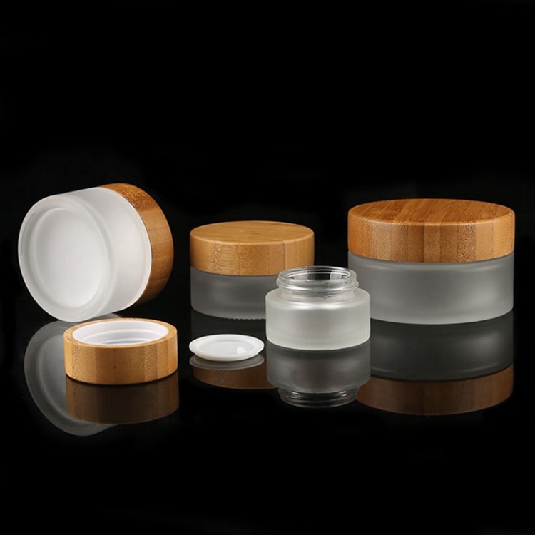 Luxury 30g cosmetic cream frosted color glass jar with bamboo wood cap