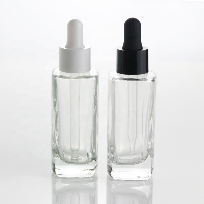 Luxury 30ml 1oz flat shoulder serum glass bottle with smooth dropper pipette (EPG08B)