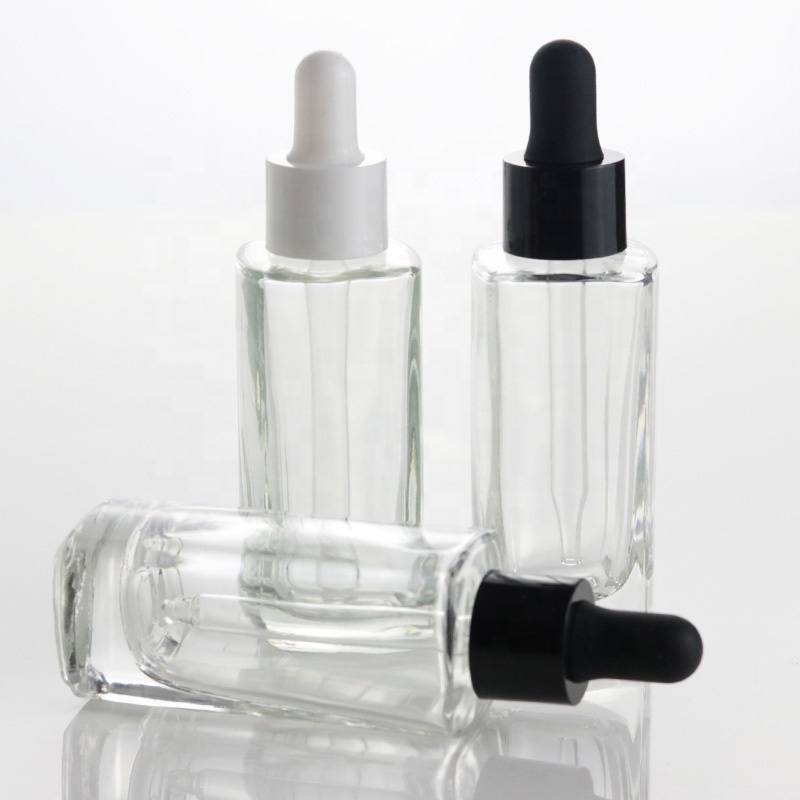 Luxury 30ml 1oz flat shoulder serum glass bottle with smooth dropper pipette (EPG08B)