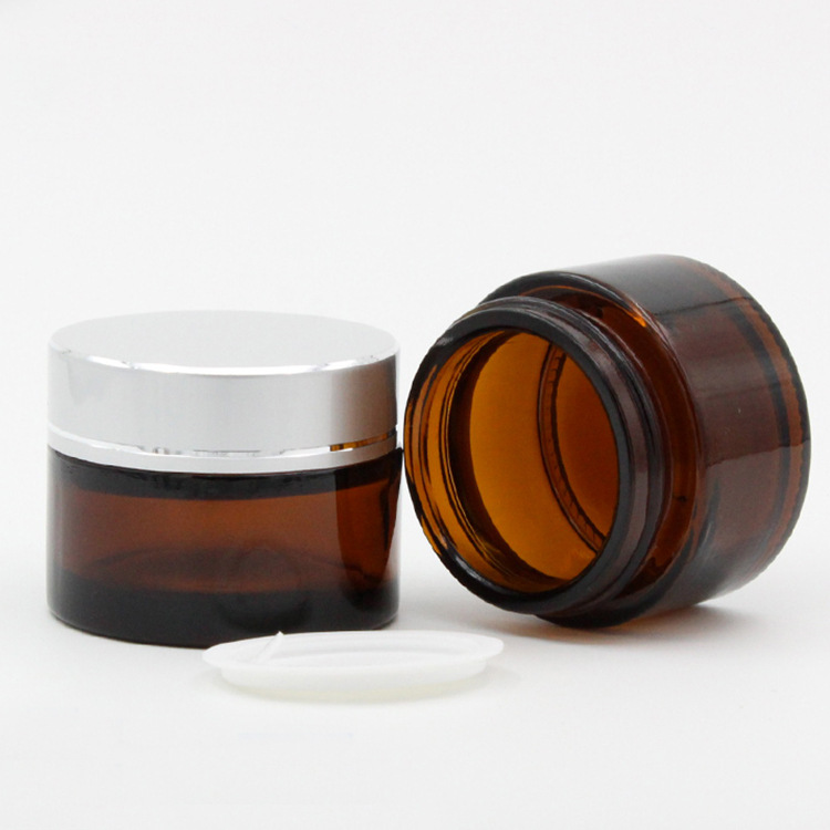 Luxury 30ml 50g empty round straight side screw top cosmetic amber glass jar with silver lid