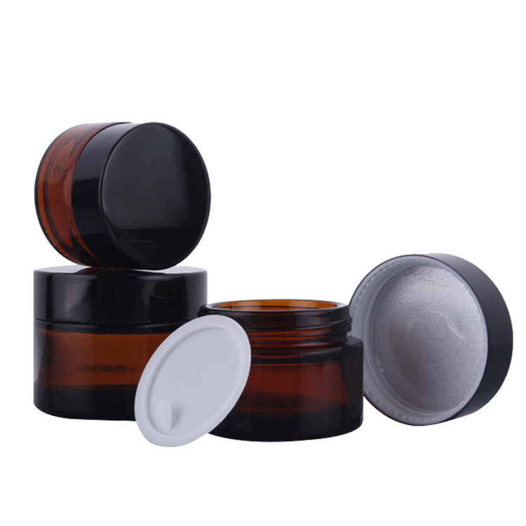 Luxury 30ml 50g empty round straight side screw top cosmetic amber glass jar with silver lid