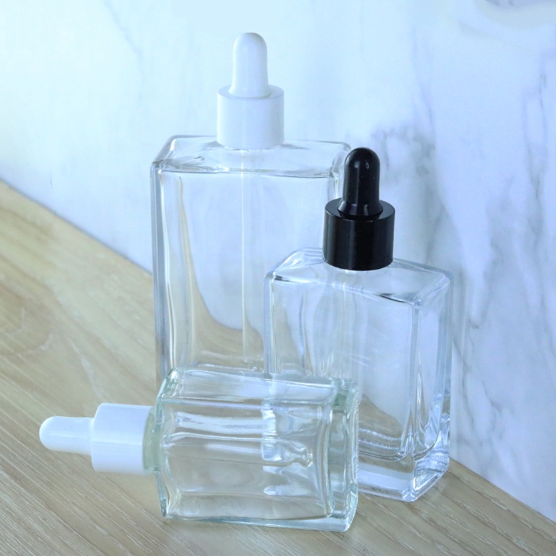 Luxury 30ml 50ml 100ml Square Clear Cosmetic Serum Glass Dropper Bottle for Essential Oil (GSA21)