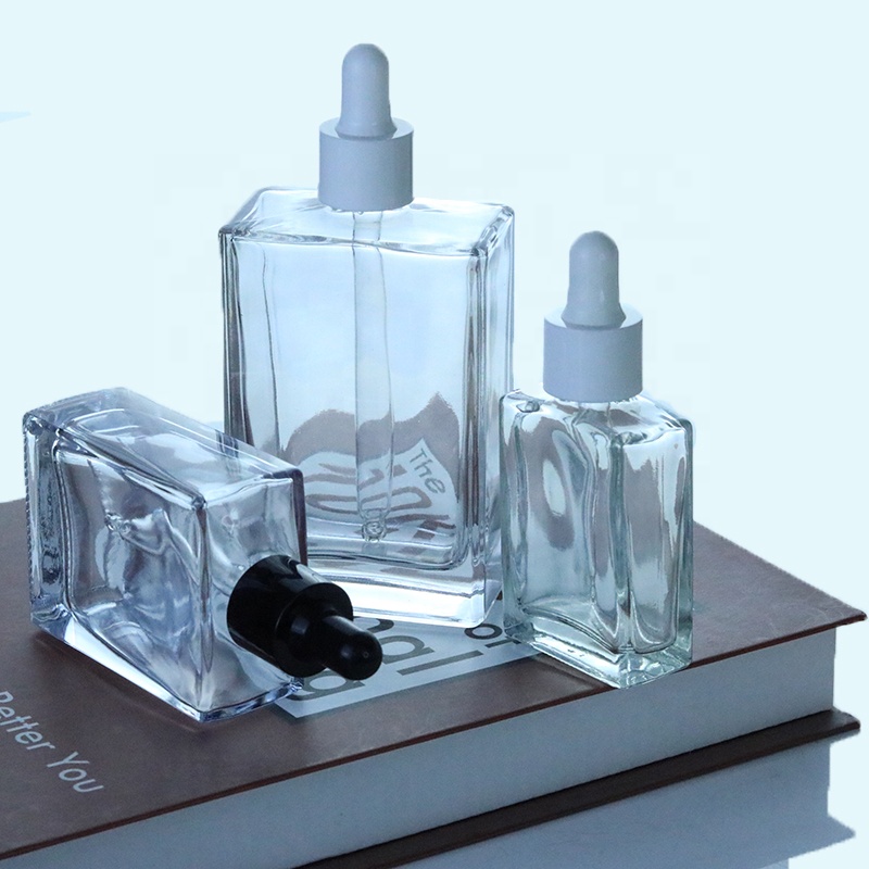 Luxury 30ml 50ml 100ml Square Clear Cosmetic Serum Glass Dropper Bottle for Essential Oil (GSA21)