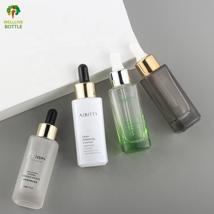 Luxury 30ml Amber Clear Square Glass Dropper Bottle Oil Serum Glass Bottle