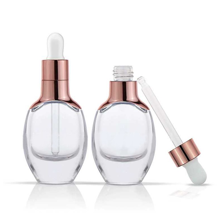Luxury 30ml clear glass square dropper bottle with rose gold gold sliver cap for essential oil bottle
