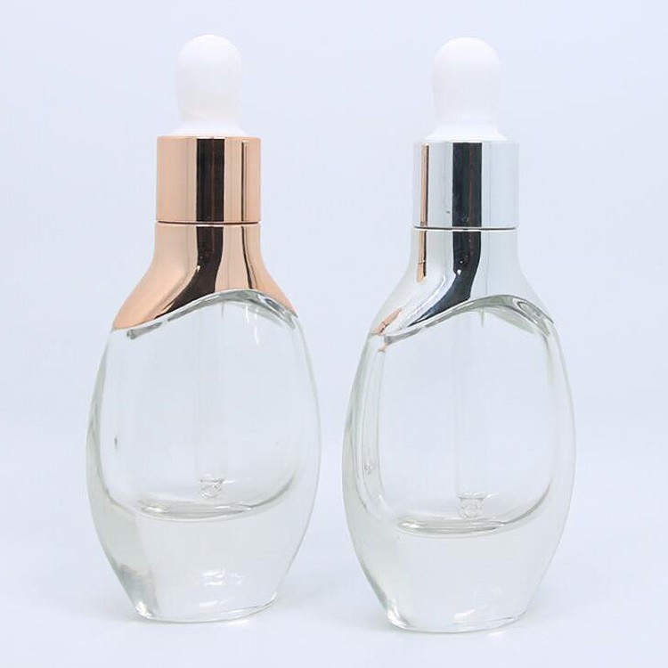 Luxury 30ml clear glass square dropper bottle with rose gold gold sliver cap for essential oil bottle
