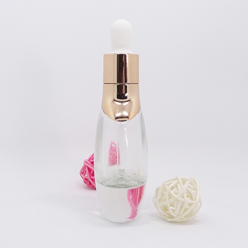 Luxury 30ml clear glass square dropper bottle with rose gold gold sliver cap for essential oil bottle