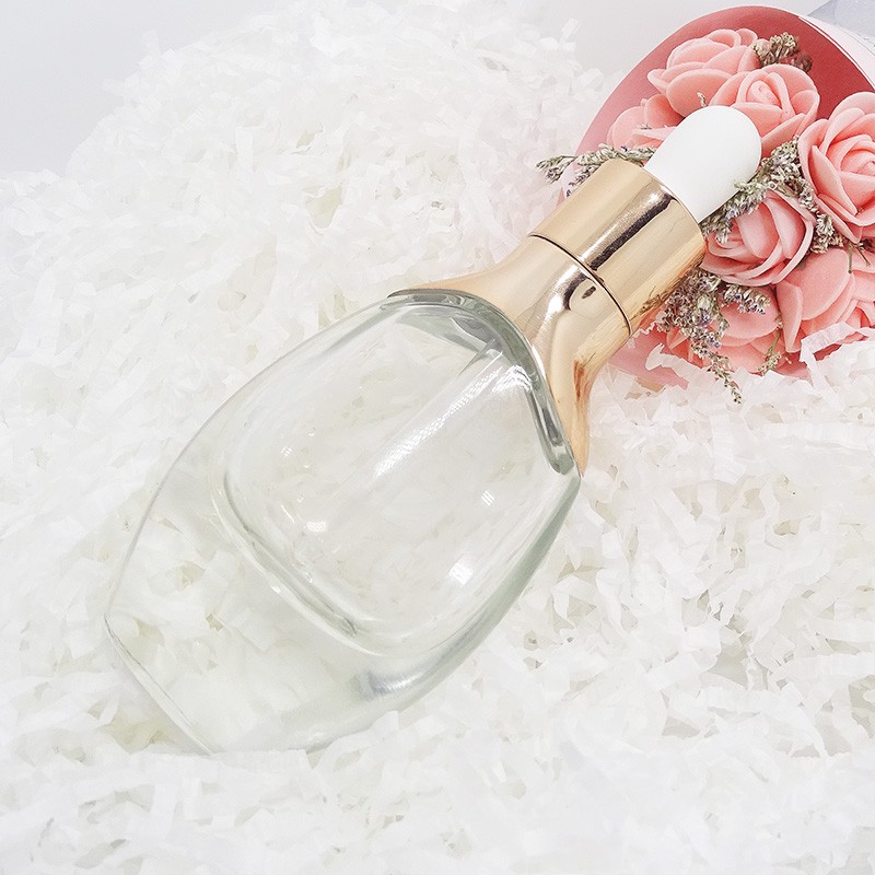 Luxury 30ml clear glass square dropper bottle with rose gold gold sliver cap for essential oil bottle