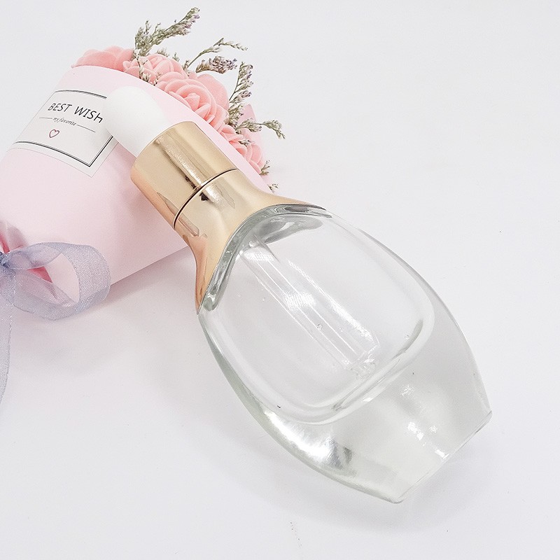 Luxury 30ml clear glass square dropper bottle with rose gold gold sliver cap for essential oil bottle