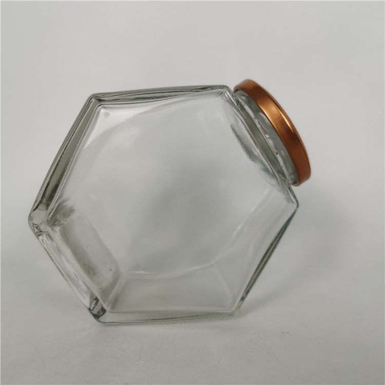 Luxury 380ml hive pure honey jar glass with hexagonal wood lid /Metal twist off lid