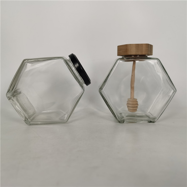 Luxury 380ml hive pure honey jar glass with hexagonal wood lid /Metal twist off lid