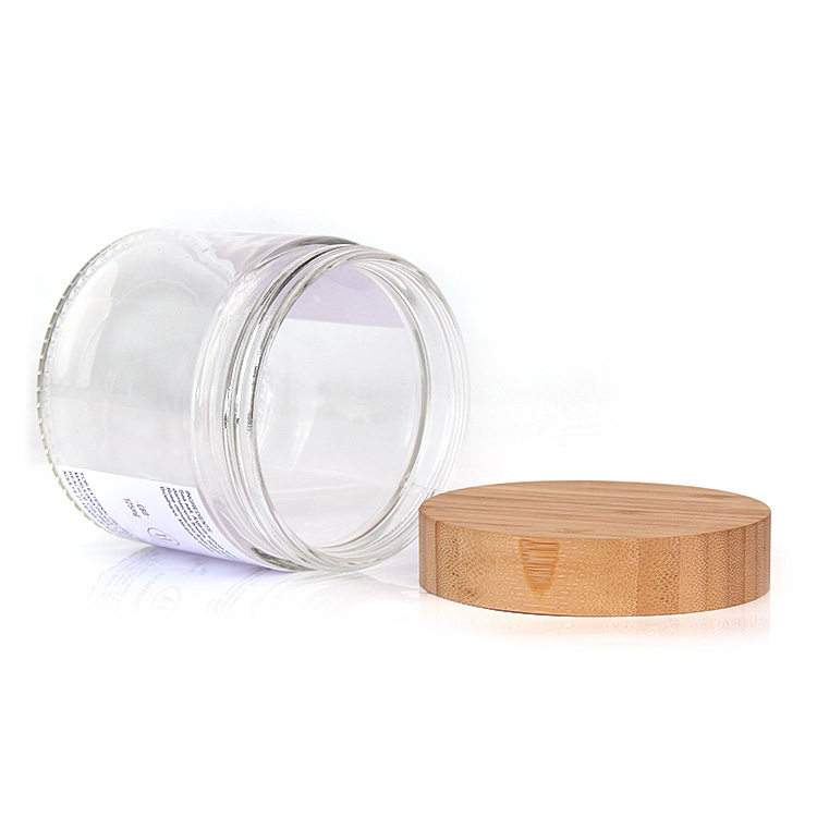 Luxury 420ml clear wide mouth round glass cosmetic jar with bamboo wood lid