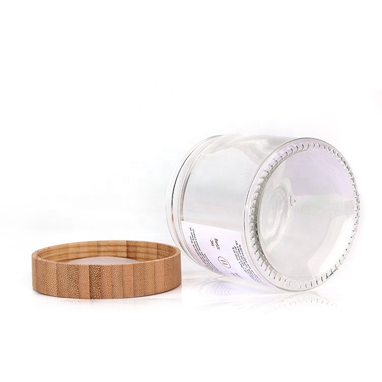 Luxury 420ml clear wide mouth round glass cosmetic jar with bamboo wood lid