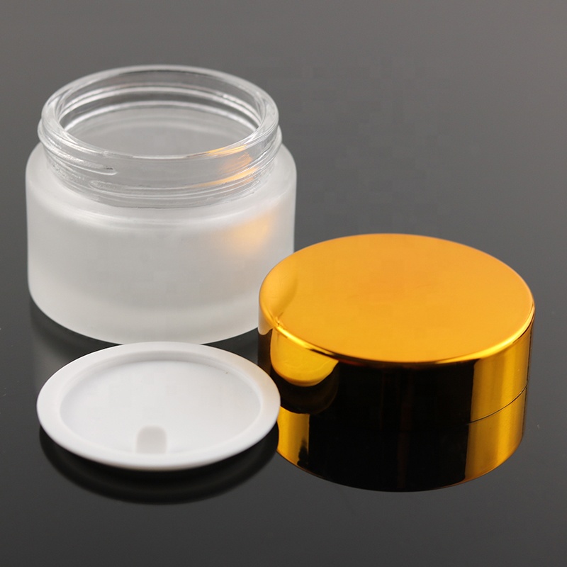 Luxury 50 ml Frosted Cosmetic Packaging Round Pomade Container Cream Glass Jar With UV Gold Lid (GJM20)
