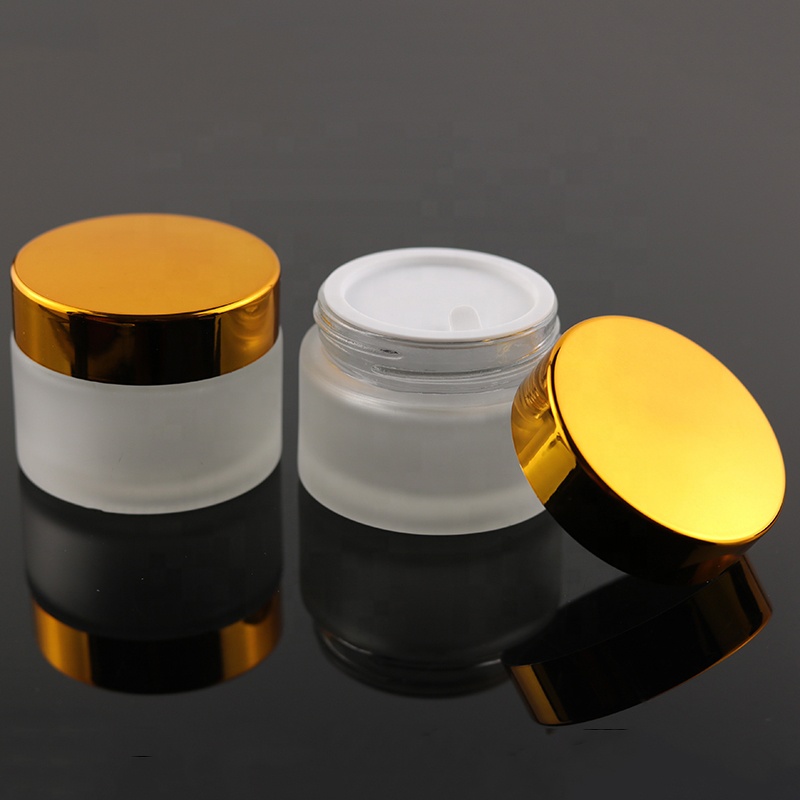 Luxury 50 ml Frosted Cosmetic Packaging Round Pomade Container Cream Glass Jar With UV Gold Lid (GJM20)
