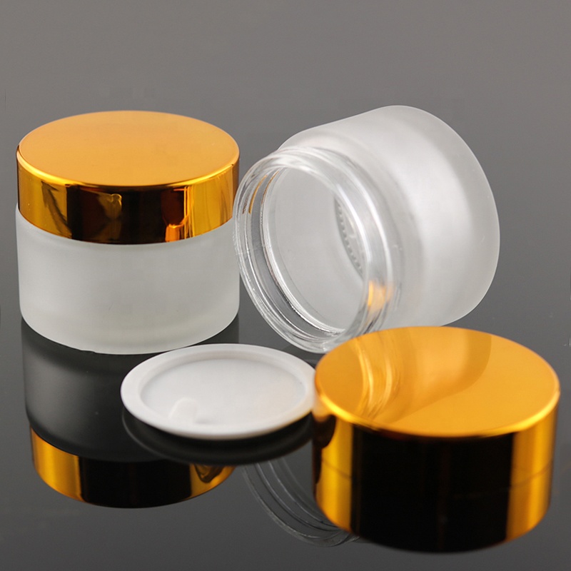 Luxury 50 ml Frosted Cosmetic Packaging Round Pomade Container Cream Glass Jar With UV Gold Lid (GJM20)