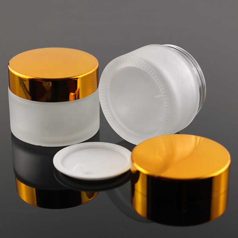 Luxury 50 ml Frosted Cosmetic Packaging Round Pomade Container Cream Glass Jar With UV Gold Lid (GJM20)