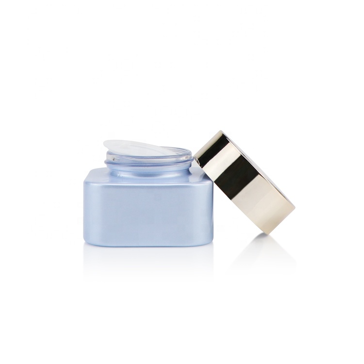 Luxury 50g 1.7 fl oz empty blue cosmetic container square empty glass cosmetic jar men with caps