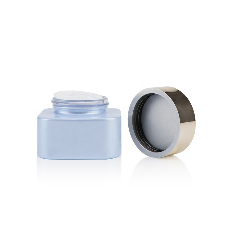 Luxury 50g 1.7 fl oz empty blue cosmetic container square empty glass cosmetic jar men with caps