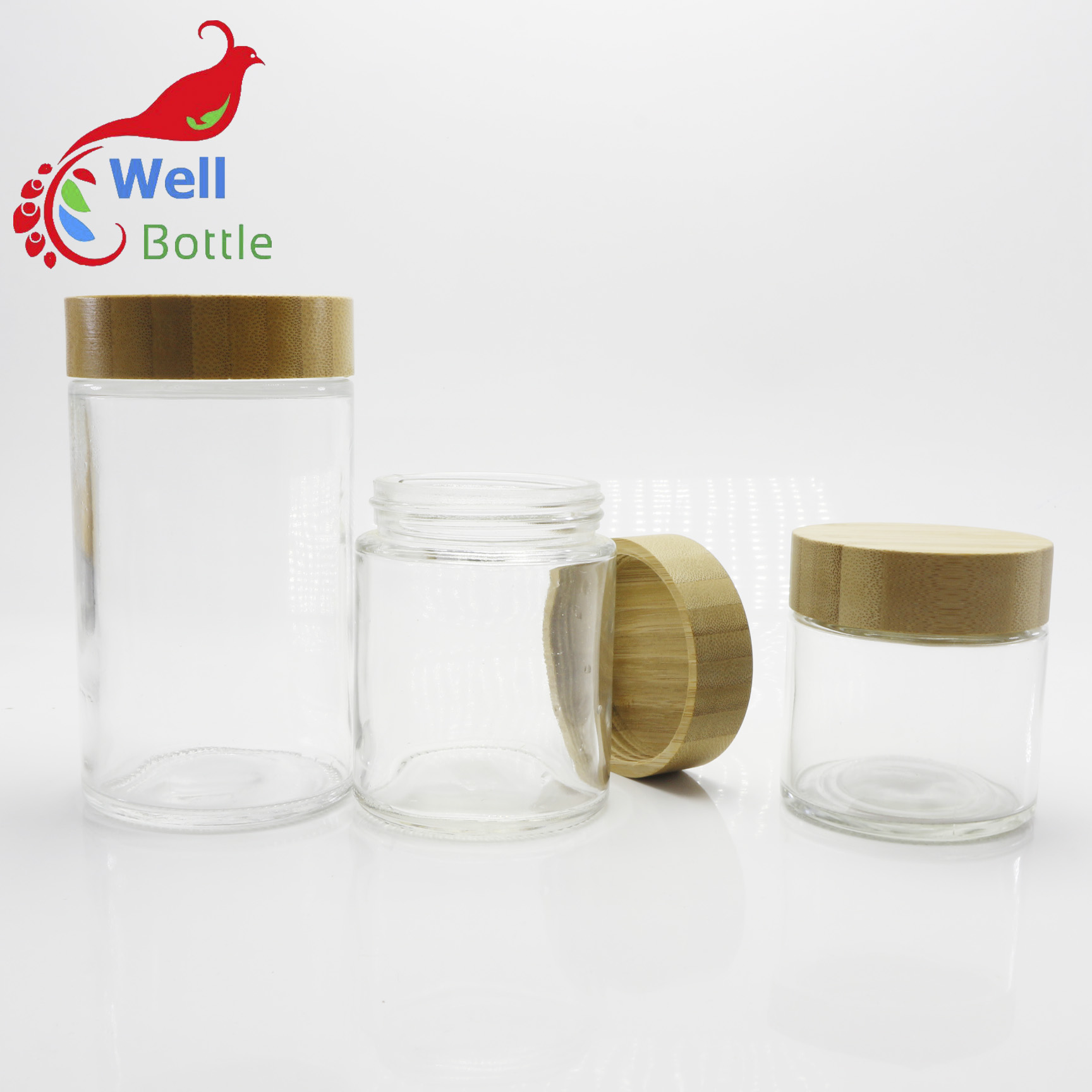 Luxury 50g 100g Round Clear Frosted Glass Cream Jar With Bamboo lids GJ-204K