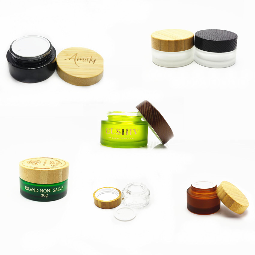 Luxury 50g 100g Round Clear Frosted Glass Cream Jar With Bamboo lids GJ-204K