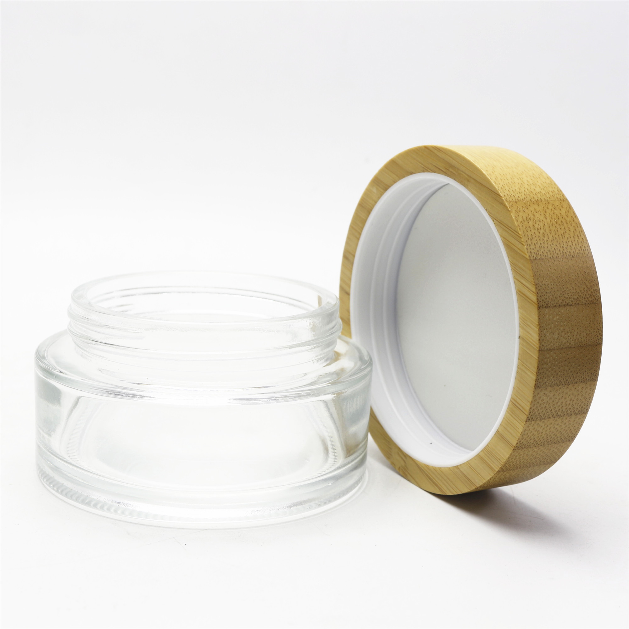 Luxury 50g 100g Round Clear Frosted Glass Cream Jar With Bamboo lids GJ-204K