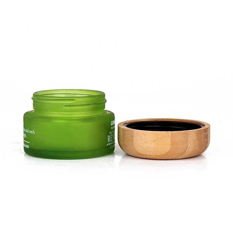 Luxury 50g cosmetic packaging green glass cream jars container with bamboo lids
