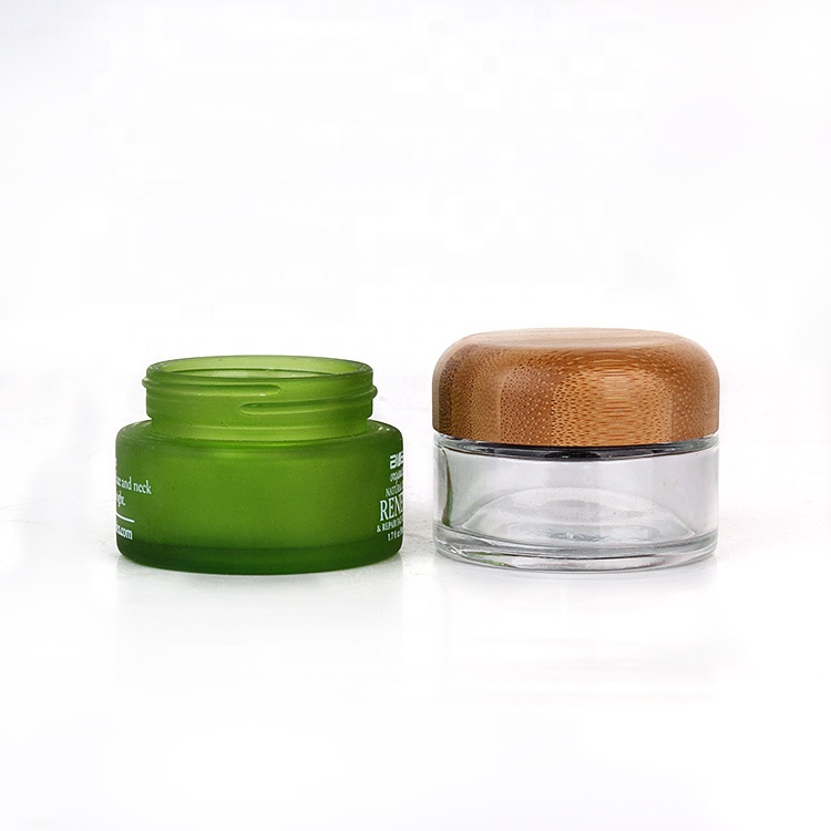 Luxury 50g cosmetic packaging green glass cream jars container with bamboo lids
