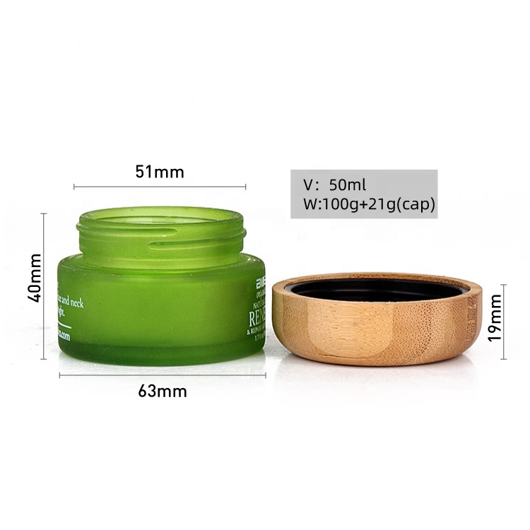 Luxury 50g cosmetic packaging green glass cream jars container with bamboo lids
