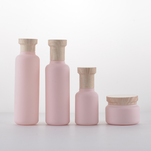 Luxury 50g wide mouth pink glass cosmetics set bottle glass Bottle jar wooden lid