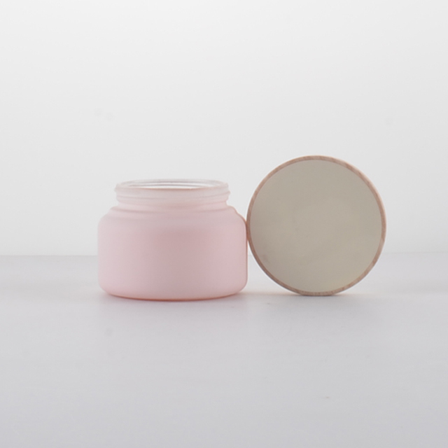 Luxury 50g wide mouth pink glass cosmetics set bottle glass Bottle jar wooden lid