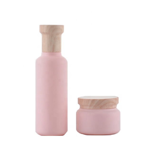 Luxury 50g wide mouth pink glass cosmetics set bottle glass Bottle jar wooden lid