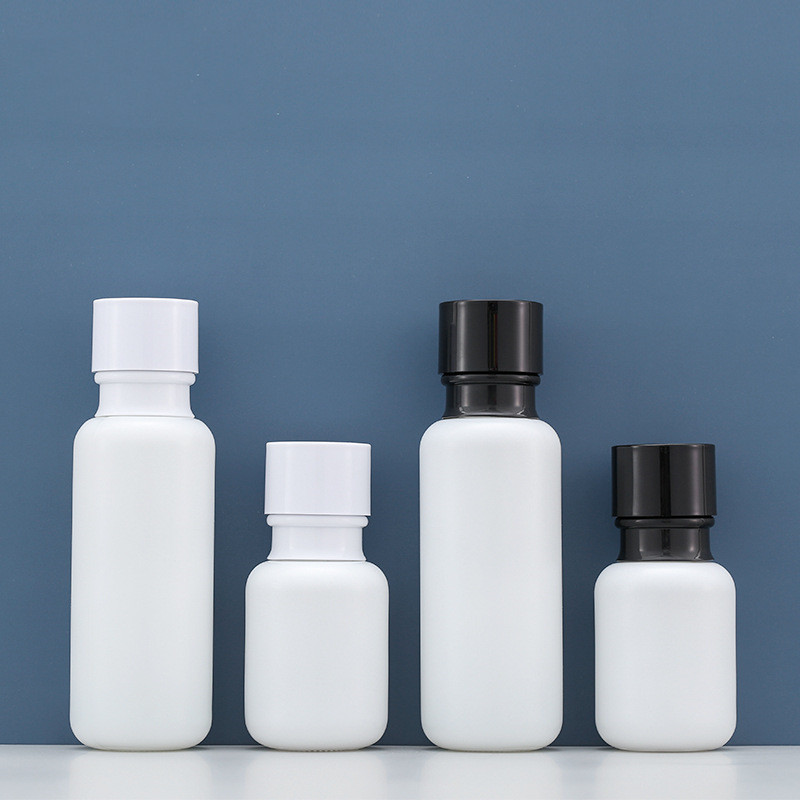 Luxury 50ml 110ml empty white lotion pump glass bottle  Cosmetic Bottles With white/black cap