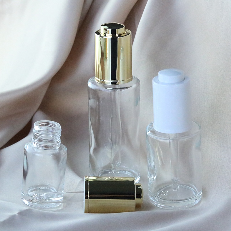 Luxury 50ml 80ml 100ml Clear Cosmetic Foundation Bottle Packaging Unique Shape Serum Bottles With Aluminum Press Dropper (EPG03)