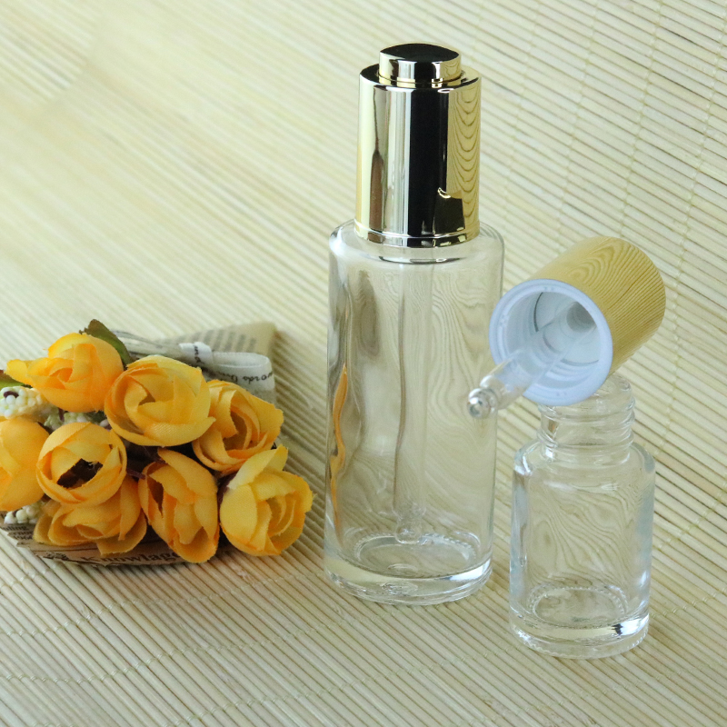 Luxury 50ml 80ml 100ml Clear Cosmetic Foundation Bottle Packaging Unique Shape Serum Bottles With Aluminum Press Dropper (EPG03)