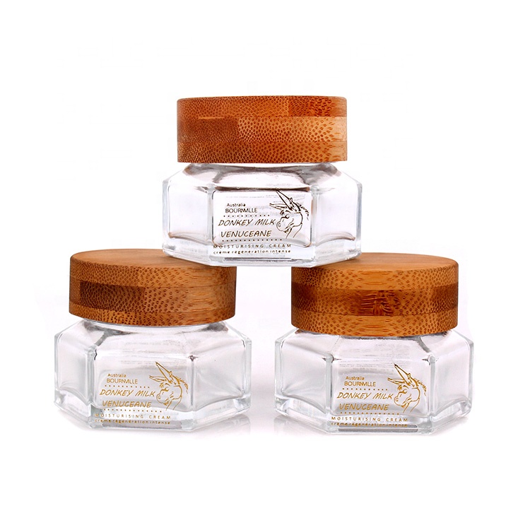 Luxury 50ml hexagonal glass jar for cosmetic face cream jar with bamboo wood lid