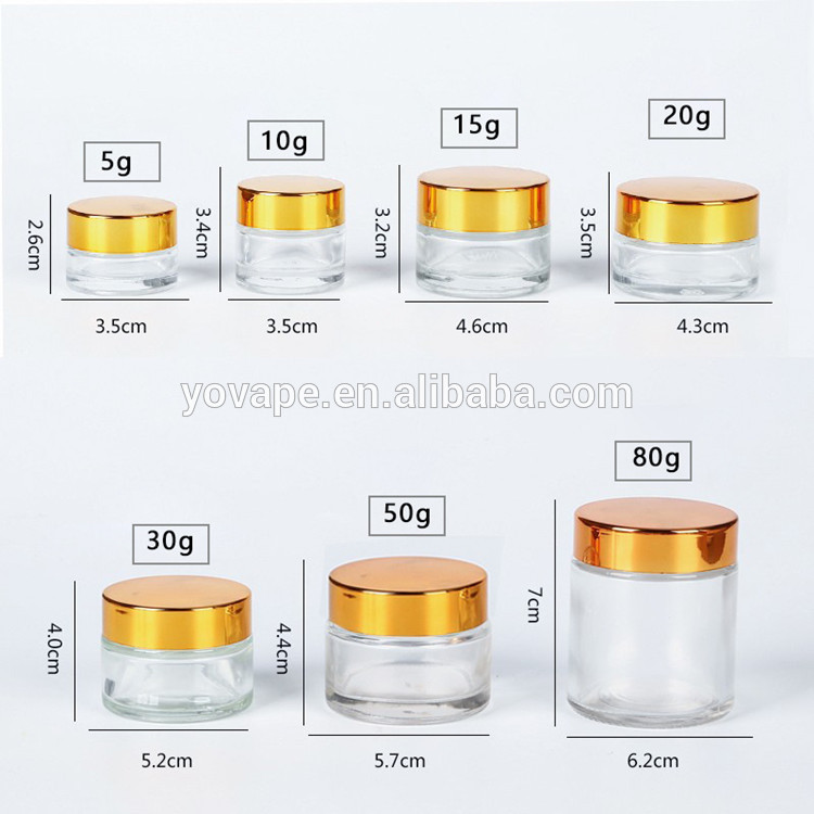 Luxury 5g 10g 15g 20g 30g 50g 100g Cosmetic perfume packing wax cbd oil frost clear gold/silver lid glass jar container/storage