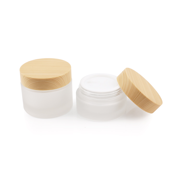 Luxury 5g 10g 15g 30g 50g 100g frosted cosmetic glass cream bamboo container jar with wooden cap