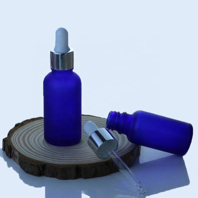 Luxury 5ml 10ml 15ml 20ml 30ml 50ml 100ml Wholesale blue frosted glass bottle with aluminum silvery golden dropper (GFG04)