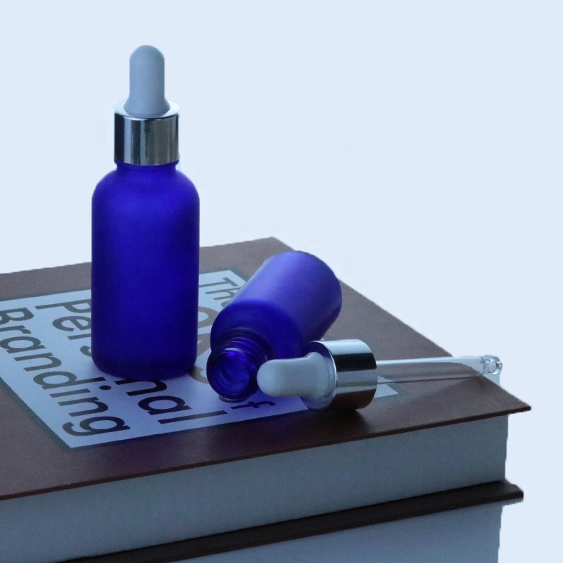 Luxury 5ml 10ml 15ml 20ml 30ml 50ml 100ml Wholesale blue frosted glass bottle with aluminum silvery golden dropper (GFG04)