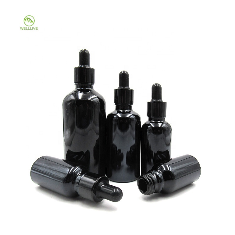 Luxury 5ml 10ml 15ml 20ml 30ml 50ml 100ml round black glass dropper bottle for massage oil packaging