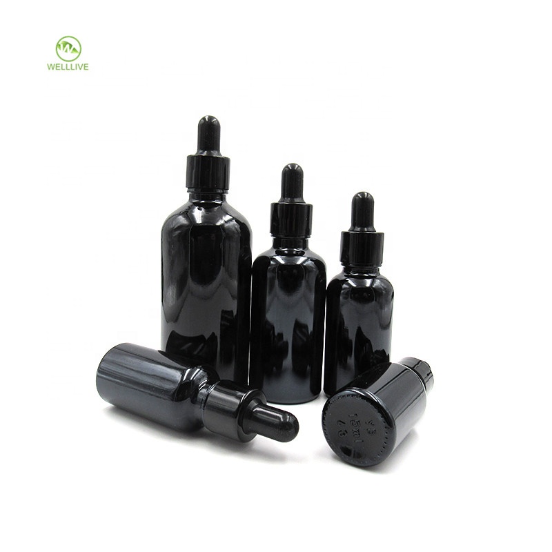 Luxury 5ml 10ml 15ml 20ml 30ml 50ml 100ml round black glass dropper bottle for massage oil packaging