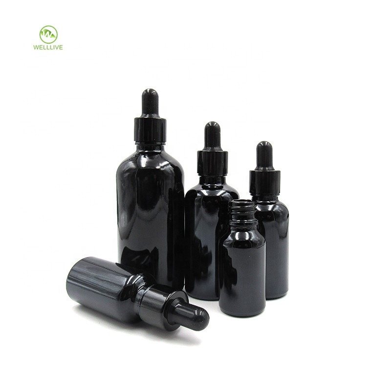 Luxury 5ml 10ml 15ml 20ml 30ml 50ml 100ml round black glass dropper bottle for massage oil packaging