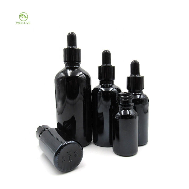Luxury 5ml 10ml 15ml 20ml 30ml 50ml 100ml round black glass dropper bottle for massage oil packaging