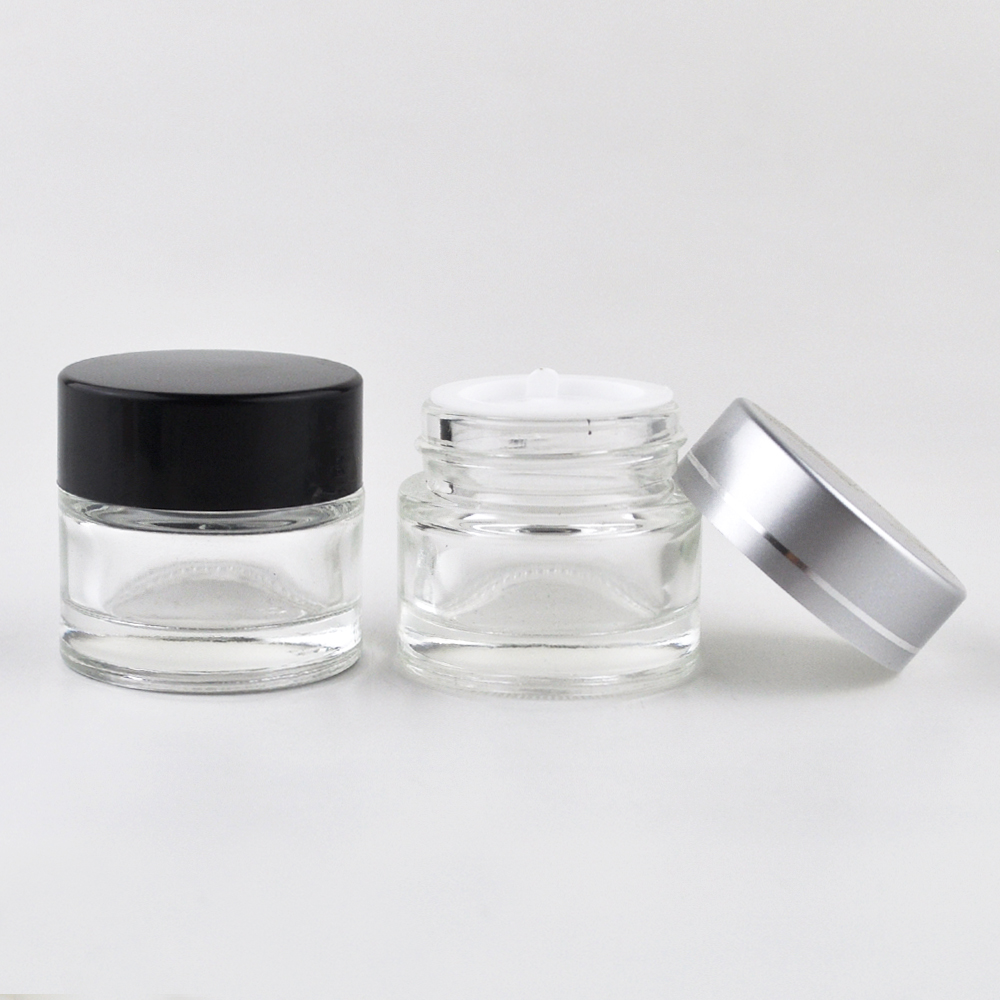Luxury 5ml 10ml 20ml 30ml 50ml 100ml clear amber glass cosmetic face cream jar with different lid